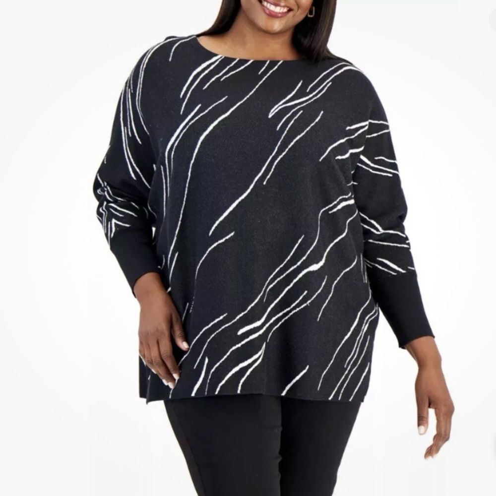 Alfani Womens XXL NWT Black Marble Print Dolman 3/4 Sleeve Boat Neck Sweater New